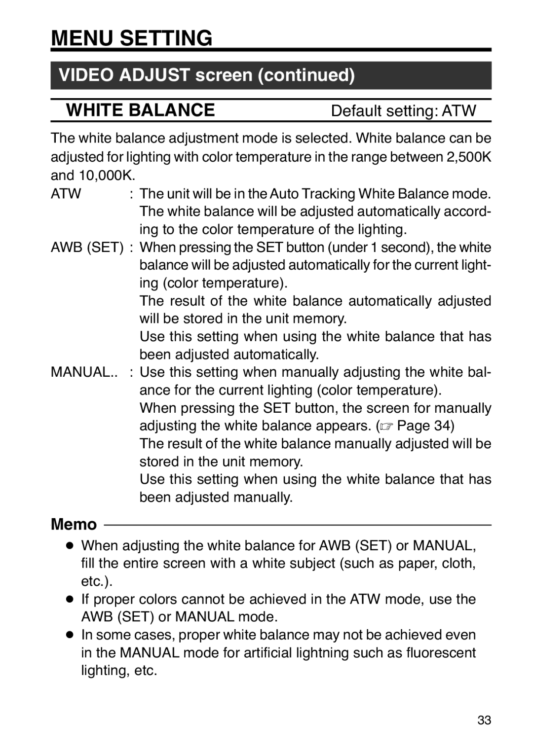 JVC TK-WD31 manual White Balance, Default setting ATW 