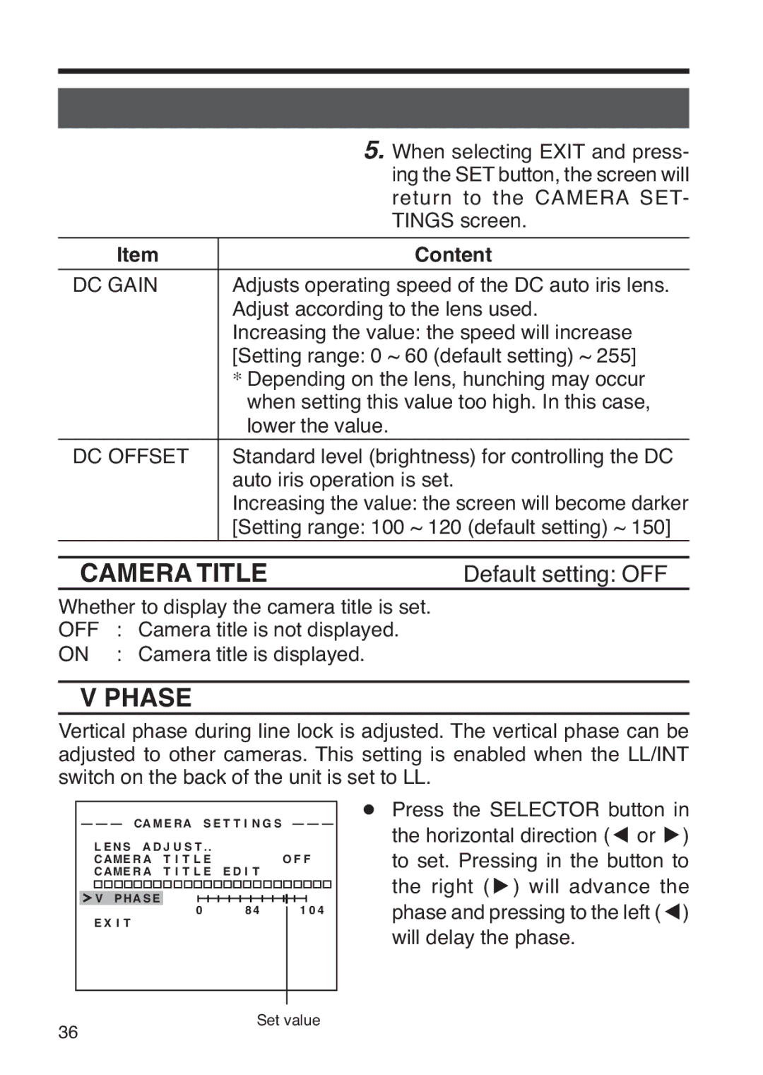 JVC TK-WD31 manual Camera Title, Phase, DC Gain, DC Offset 