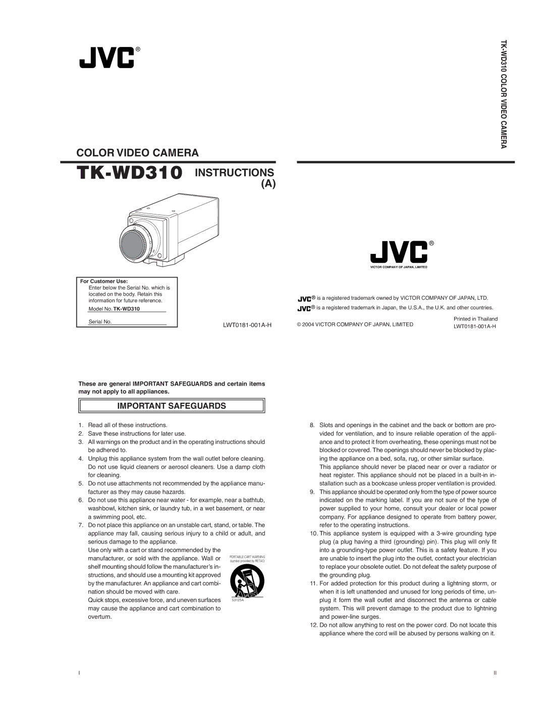 JVC operating instructions TK-WD310 Color Video Camera, LWT0181-001A-H, Victor Company of JAPAN, Limited 