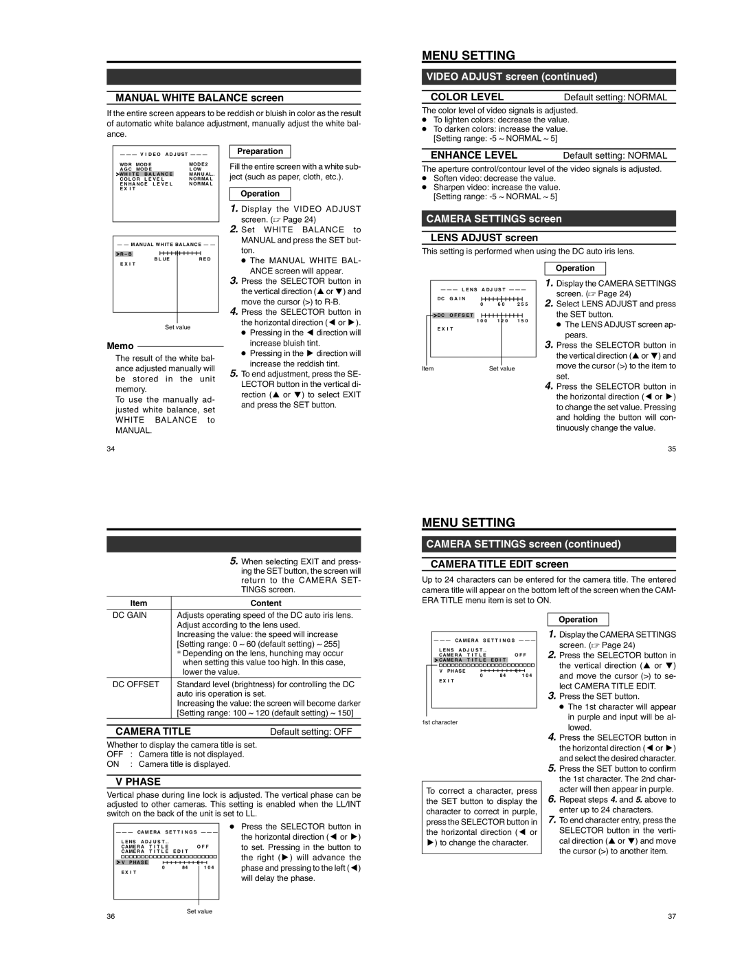 JVC TK-WD310 operating instructions Color Level, Enhance Level, Camera Settings screen, Camera Title, Phase 