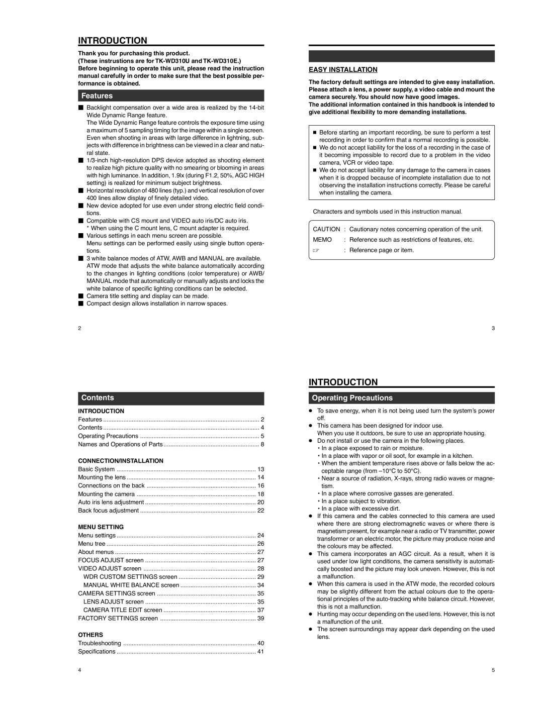 JVC TK-WD310 operating instructions Introduction, Features, Contents, Operating Precautions 