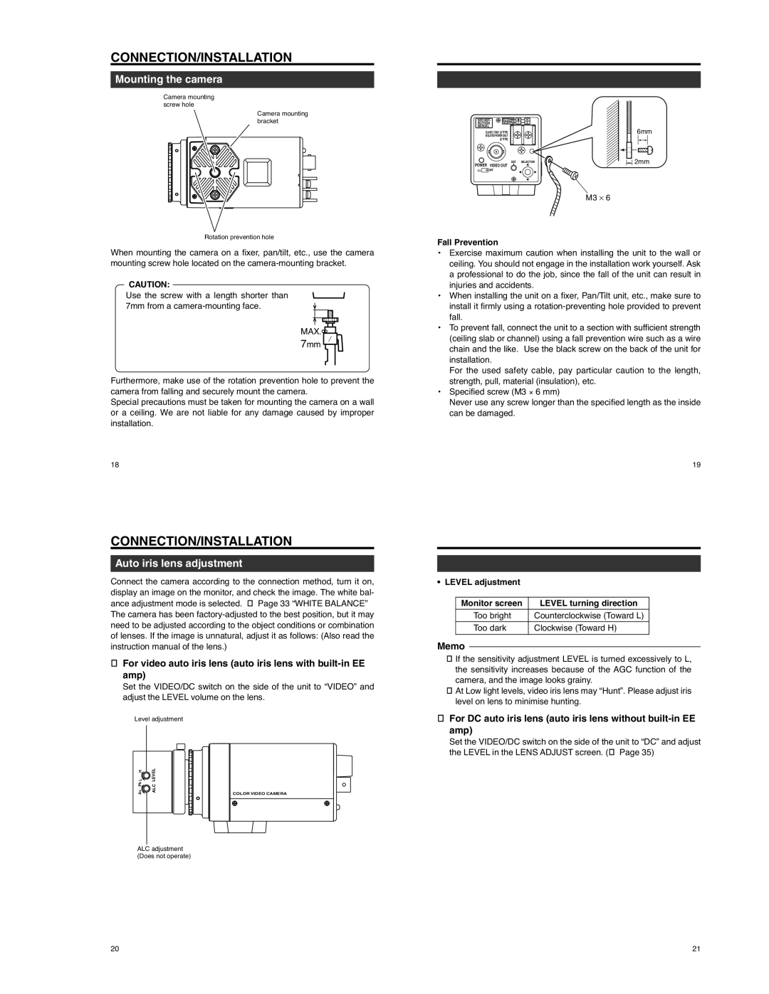 JVC TK-WD310 operating instructions Mounting the camera, Auto iris lens adjustment, Fall Prevention 