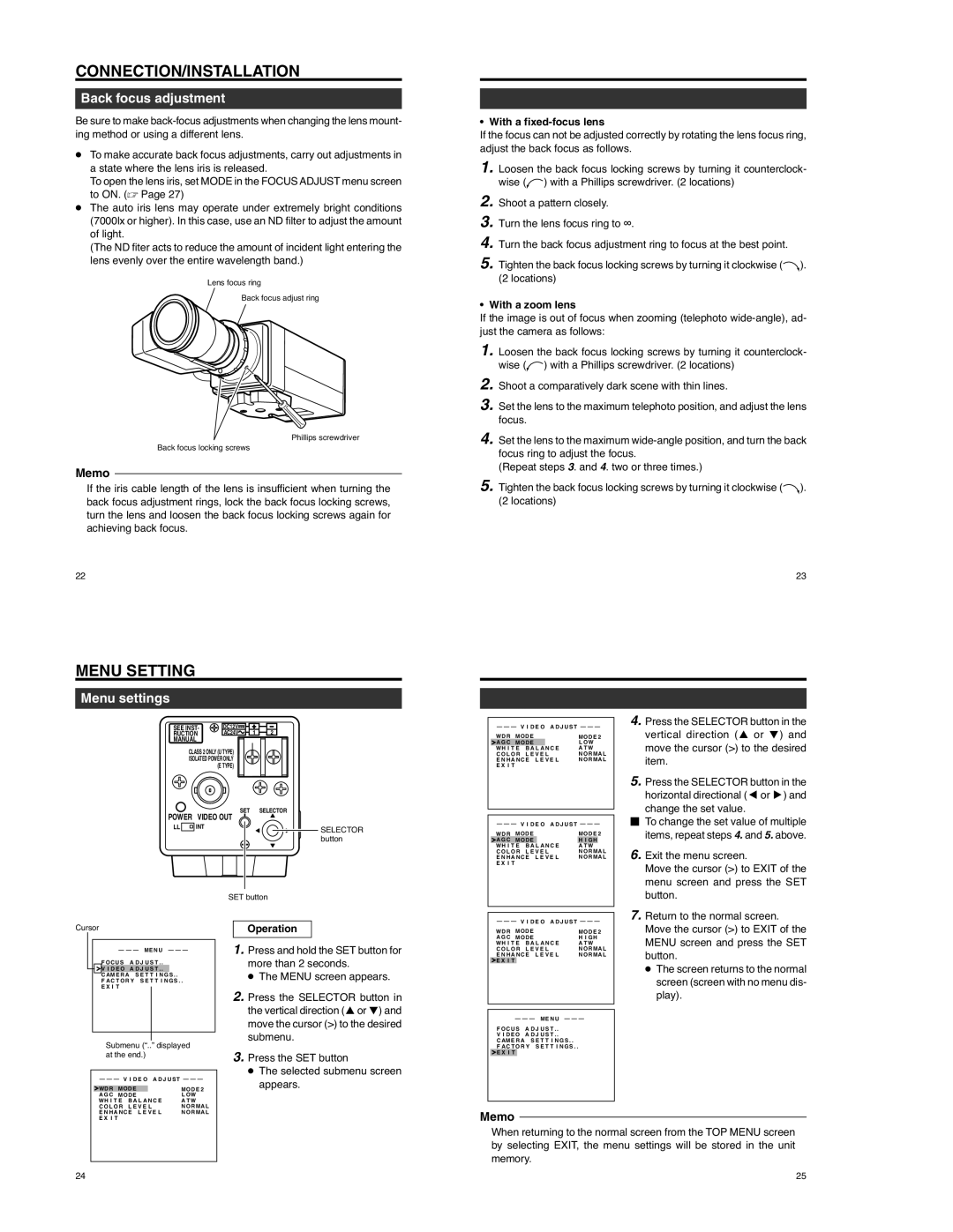 JVC TK-WD310 operating instructions Menu Setting, Back focus adjustment, Menu settings 