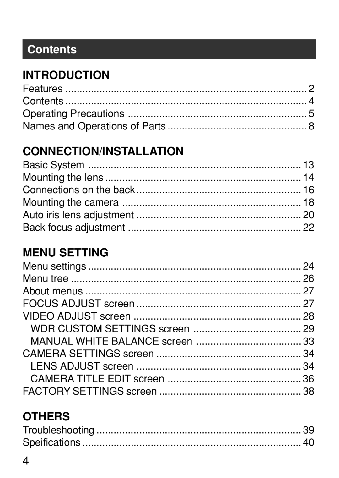 JVC TK-WD310U instruction manual Contents, Introduction, Connection/Installation, Menu Setting, Others 