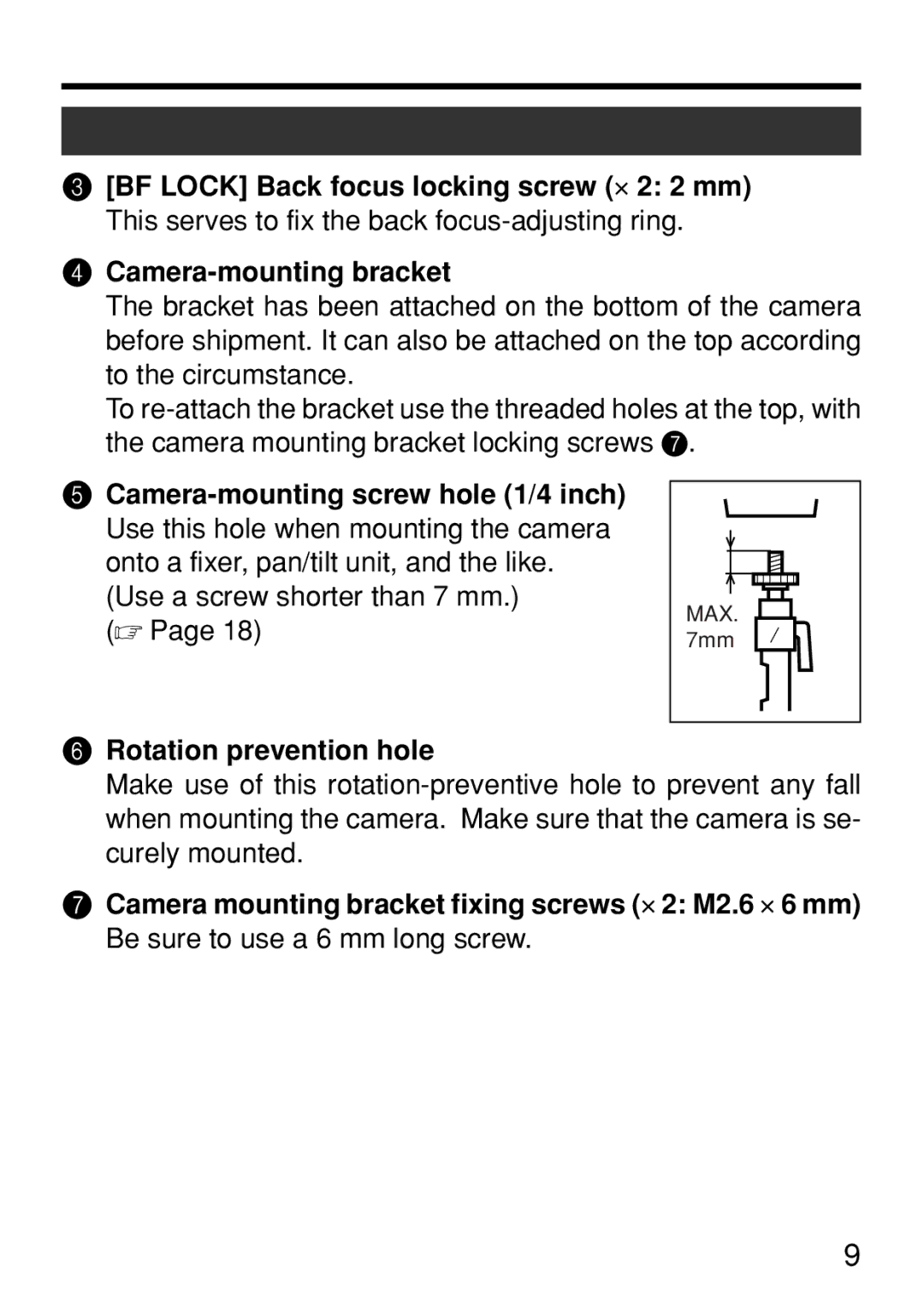 JVC TK-WD310U instruction manual Use a screw shorter than 7 mm. , Rotation prevention hole 