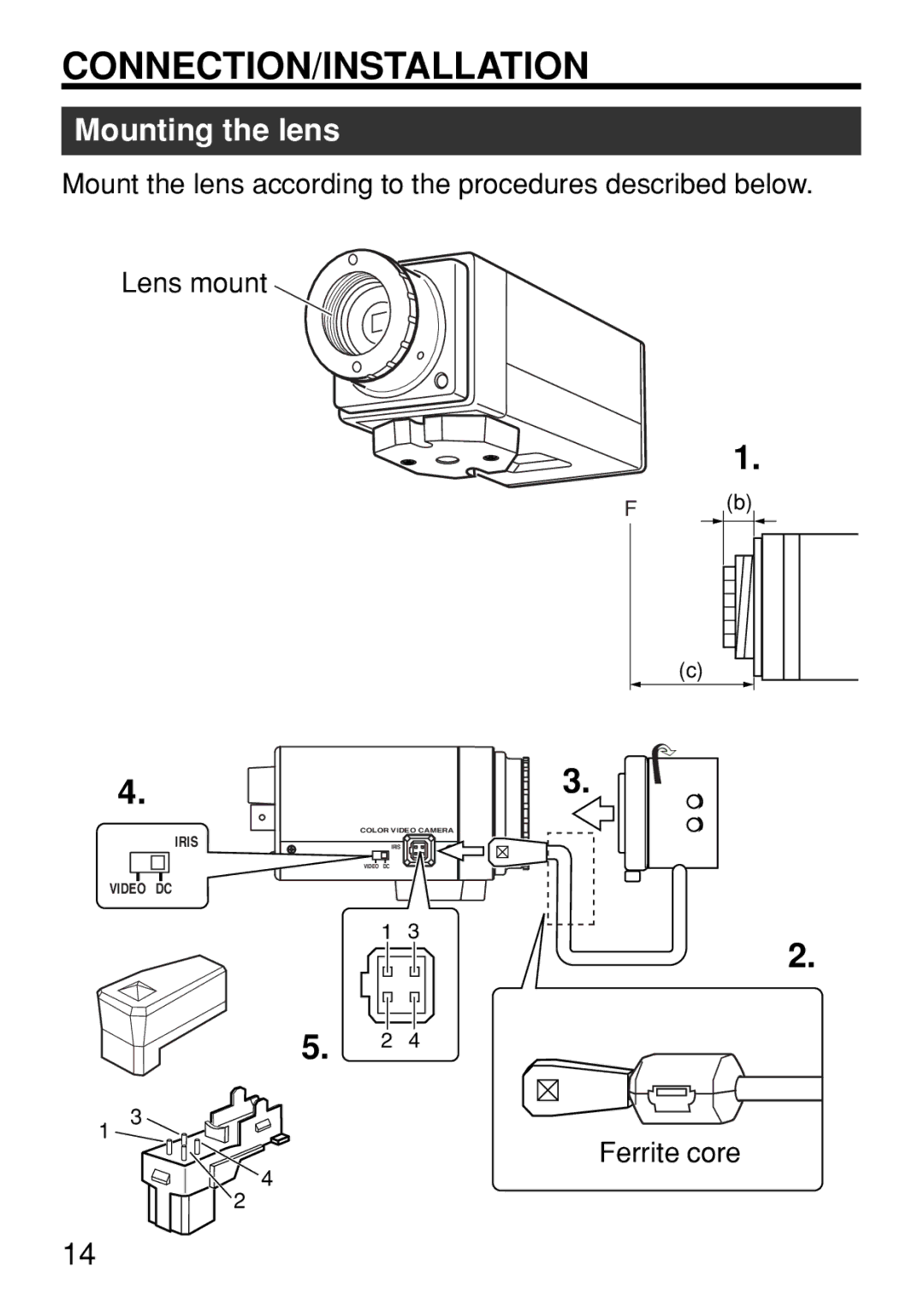 JVC TK-WD310U instruction manual Mounting the lens, Ferrite core 