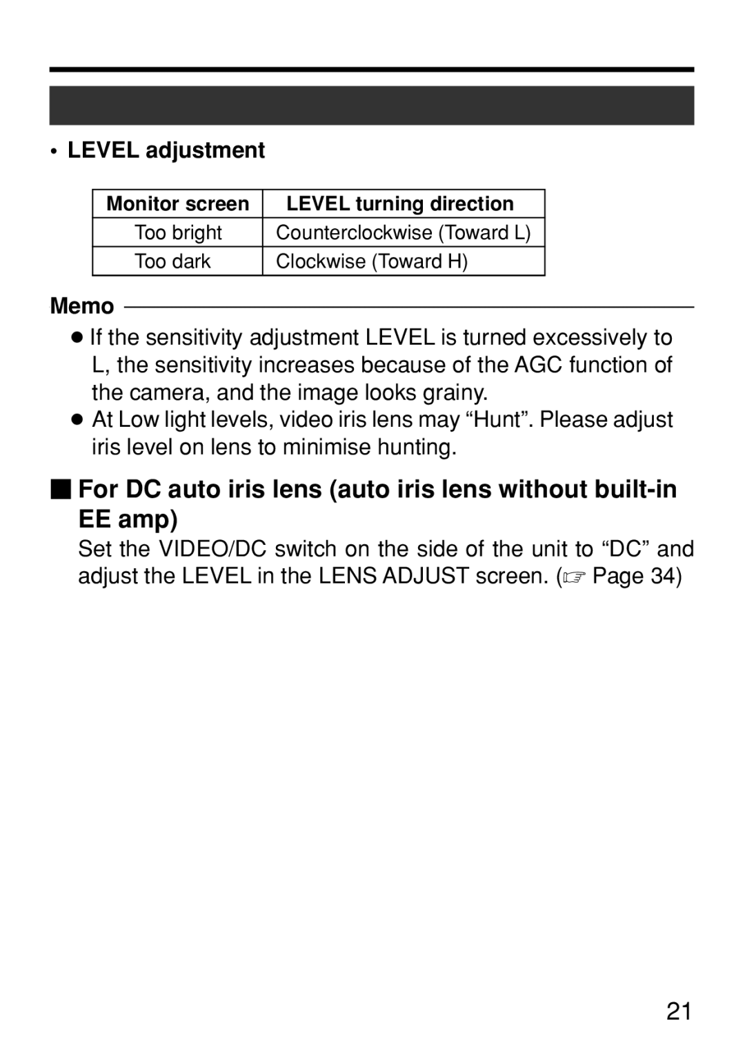 JVC TK-WD310U instruction manual Level adjustment, Memo 