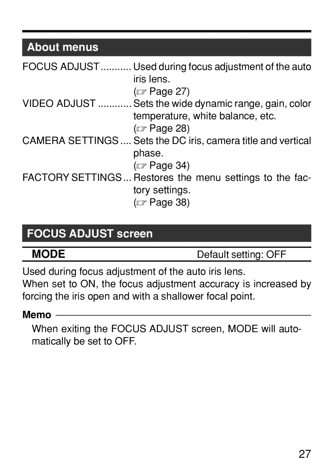 JVC TK-WD310U instruction manual About menus, Focus Adjust screen, Mode, Default setting OFF 