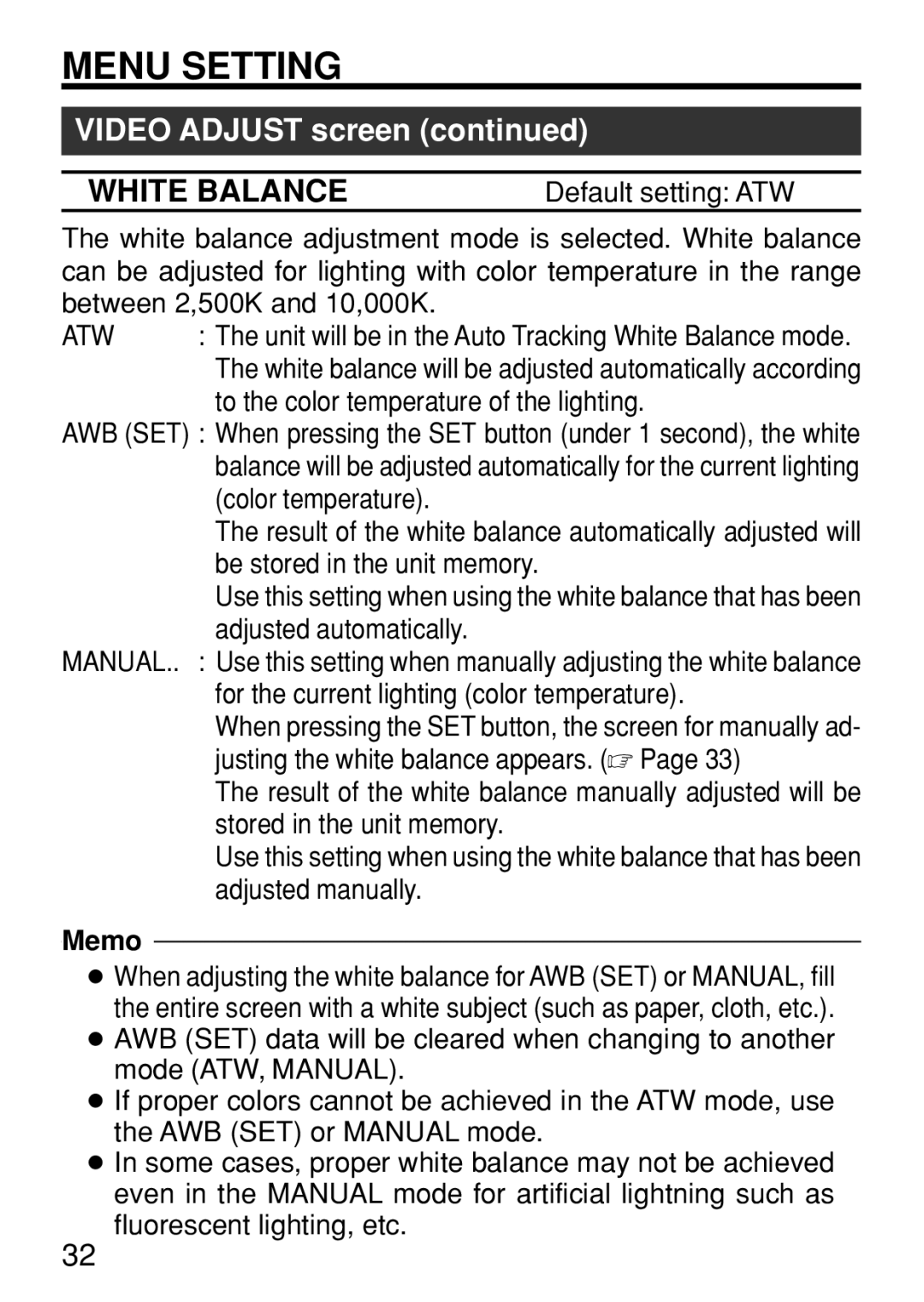 JVC TK-WD310U instruction manual White Balance, Default setting ATW 