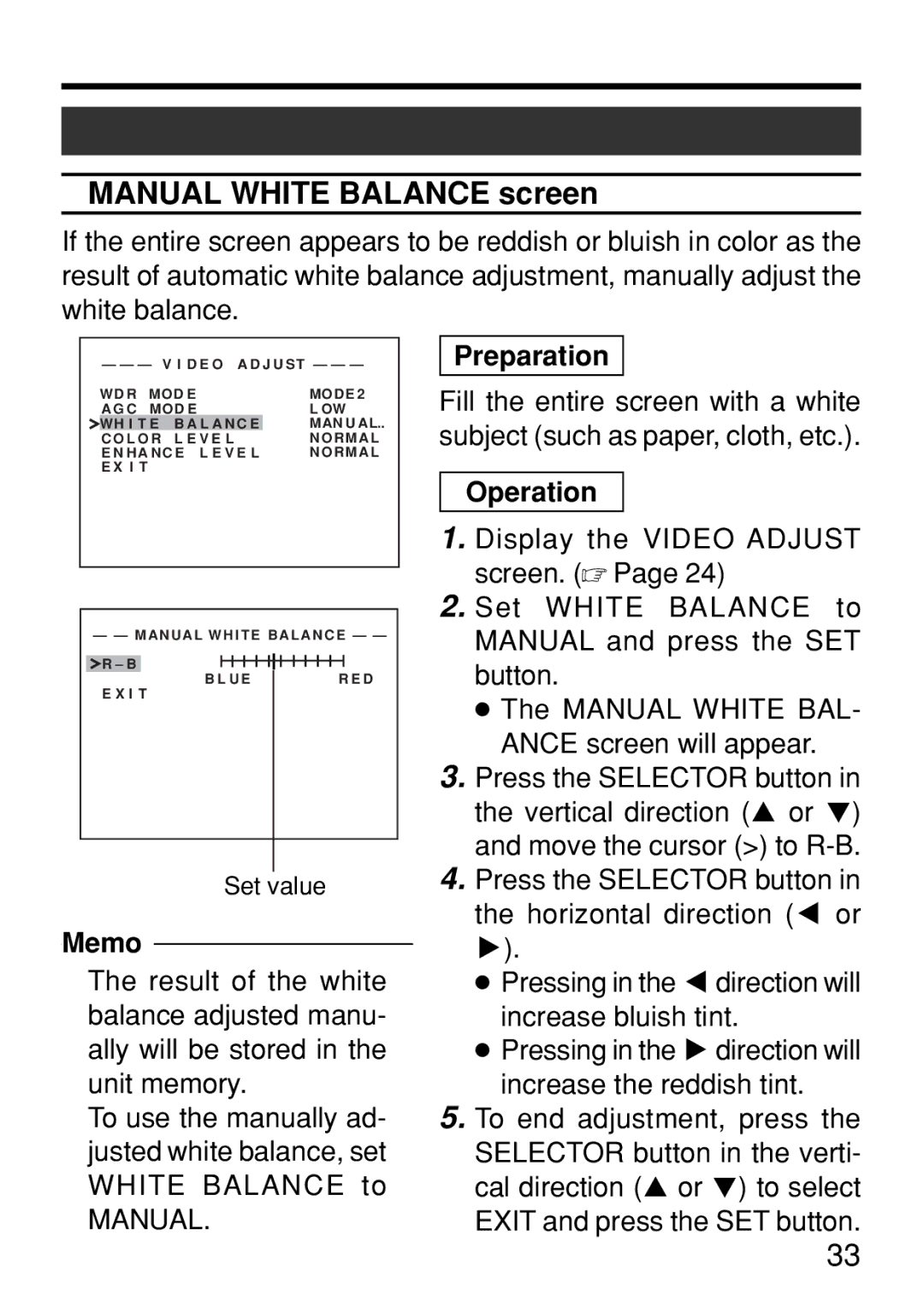 JVC TK-WD310U instruction manual Manual White Balance screen, Preparation 