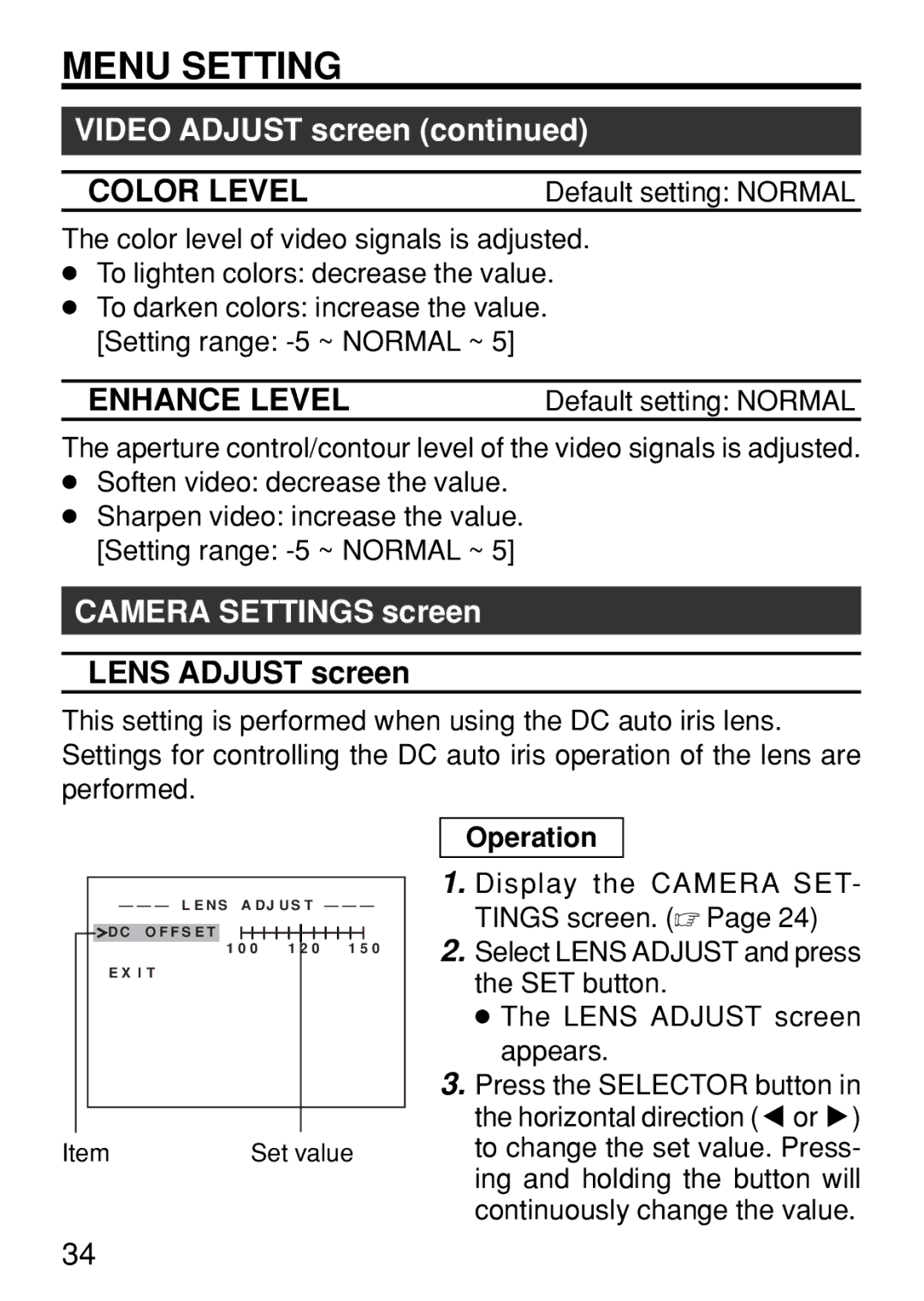 JVC TK-WD310U Color Level, Enhance Level, Camera Settings screen, Lens Adjust screen, Default setting Normal 