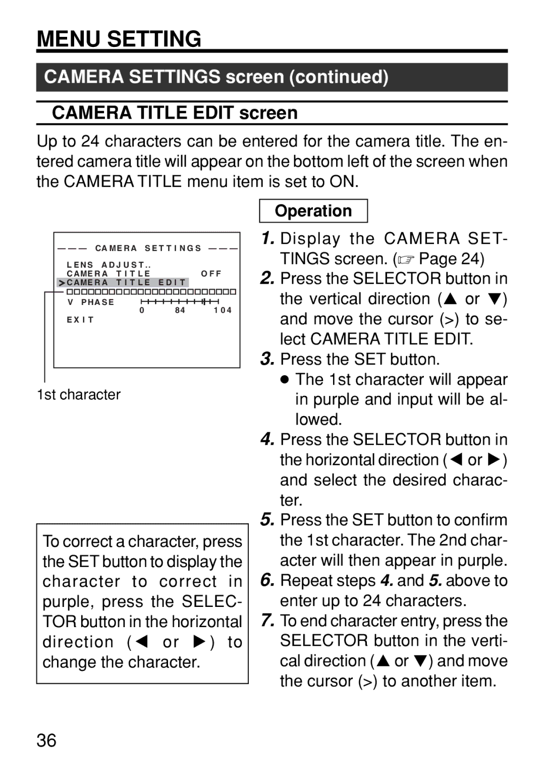 JVC TK-WD310U instruction manual Camera Title Edit screen, Repeat steps 4. and 5. above to enter up to 24 characters 