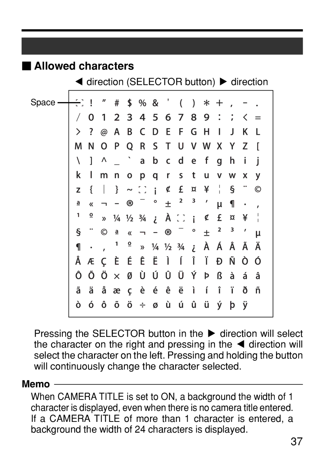 JVC TK-WD310U instruction manual  Allowed characters, Direction Selector button t direction 