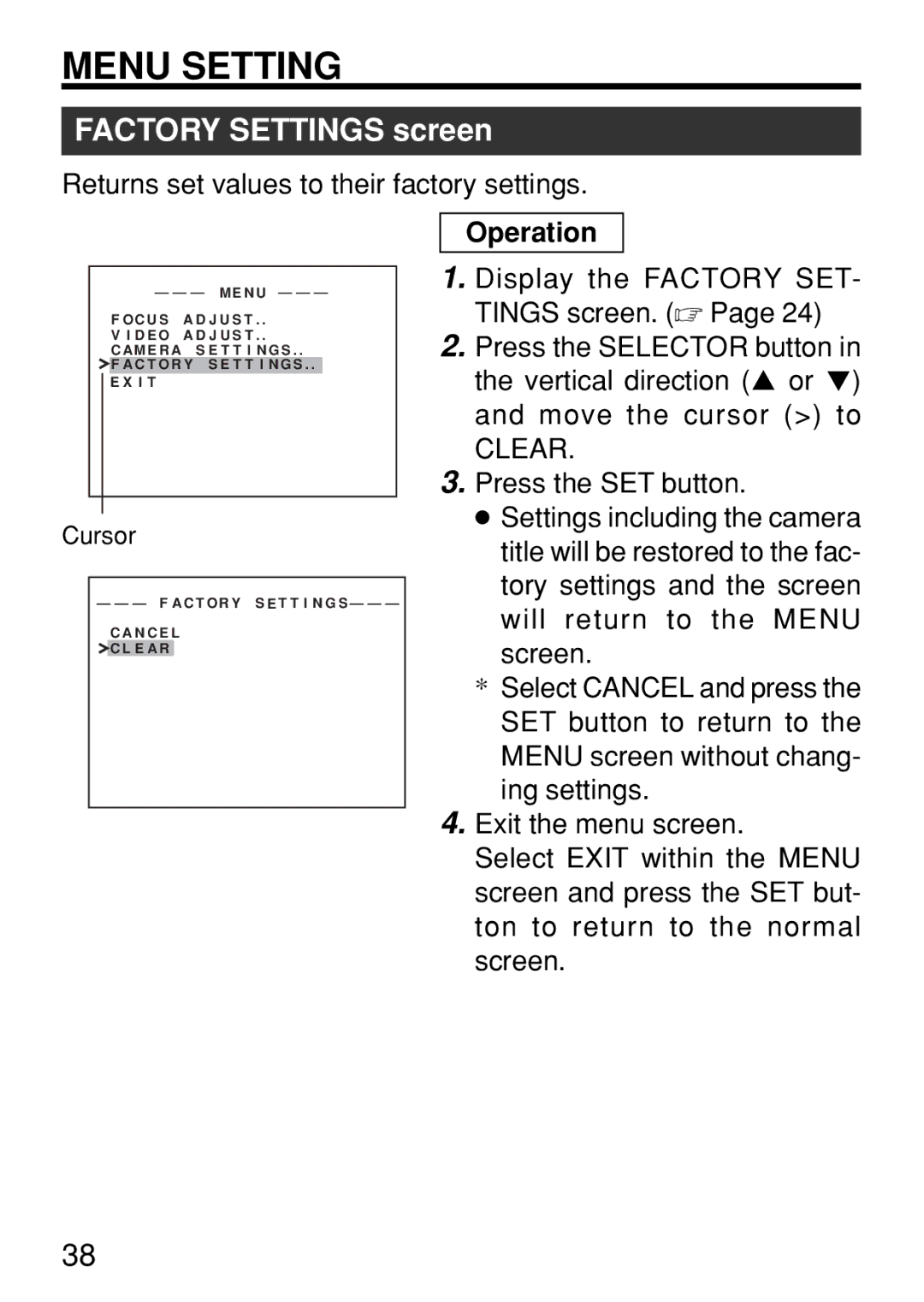 JVC TK-WD310U instruction manual Factory Settings screen, Returns set values to their factory settings 