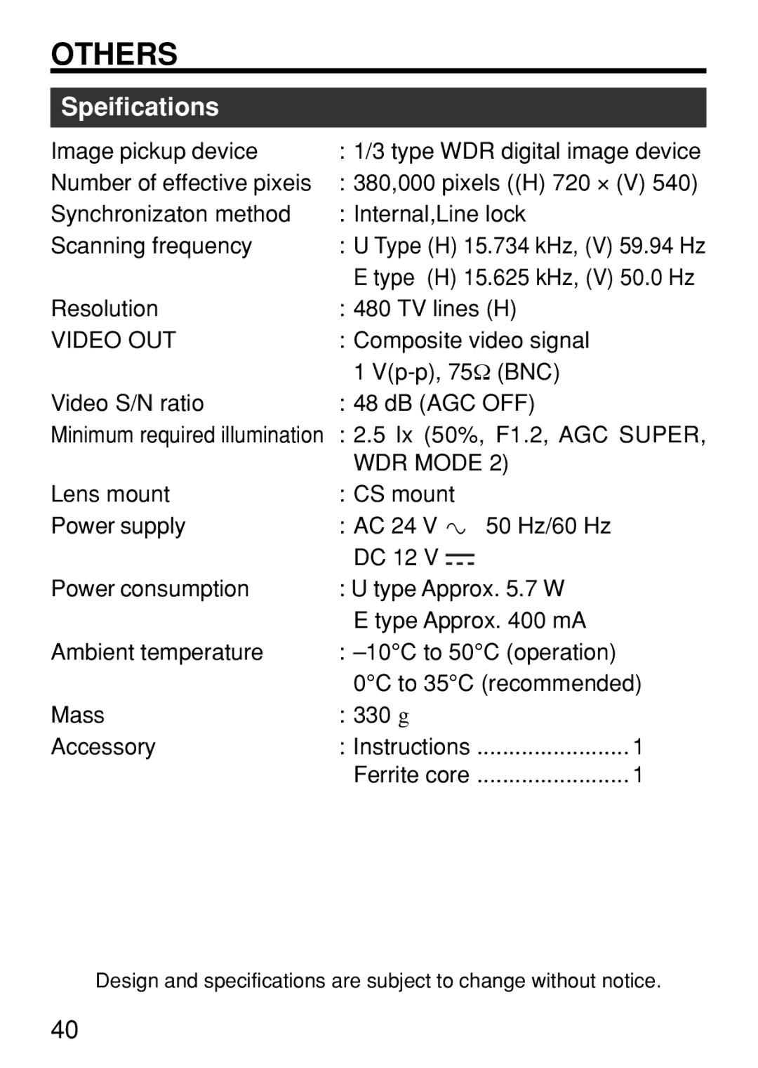 JVC TK-WD310U instruction manual Speifications 