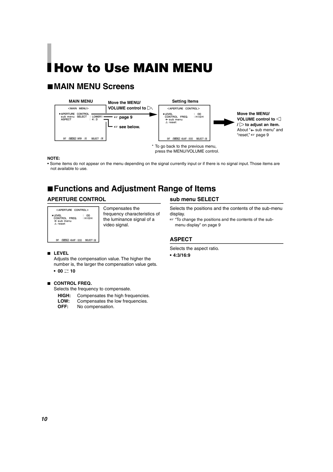 JVC TM-1011G manual How to Use Main Menu, Main Menu Screens, Functions and Adjustment Range of Items, 00 O, 43/169 