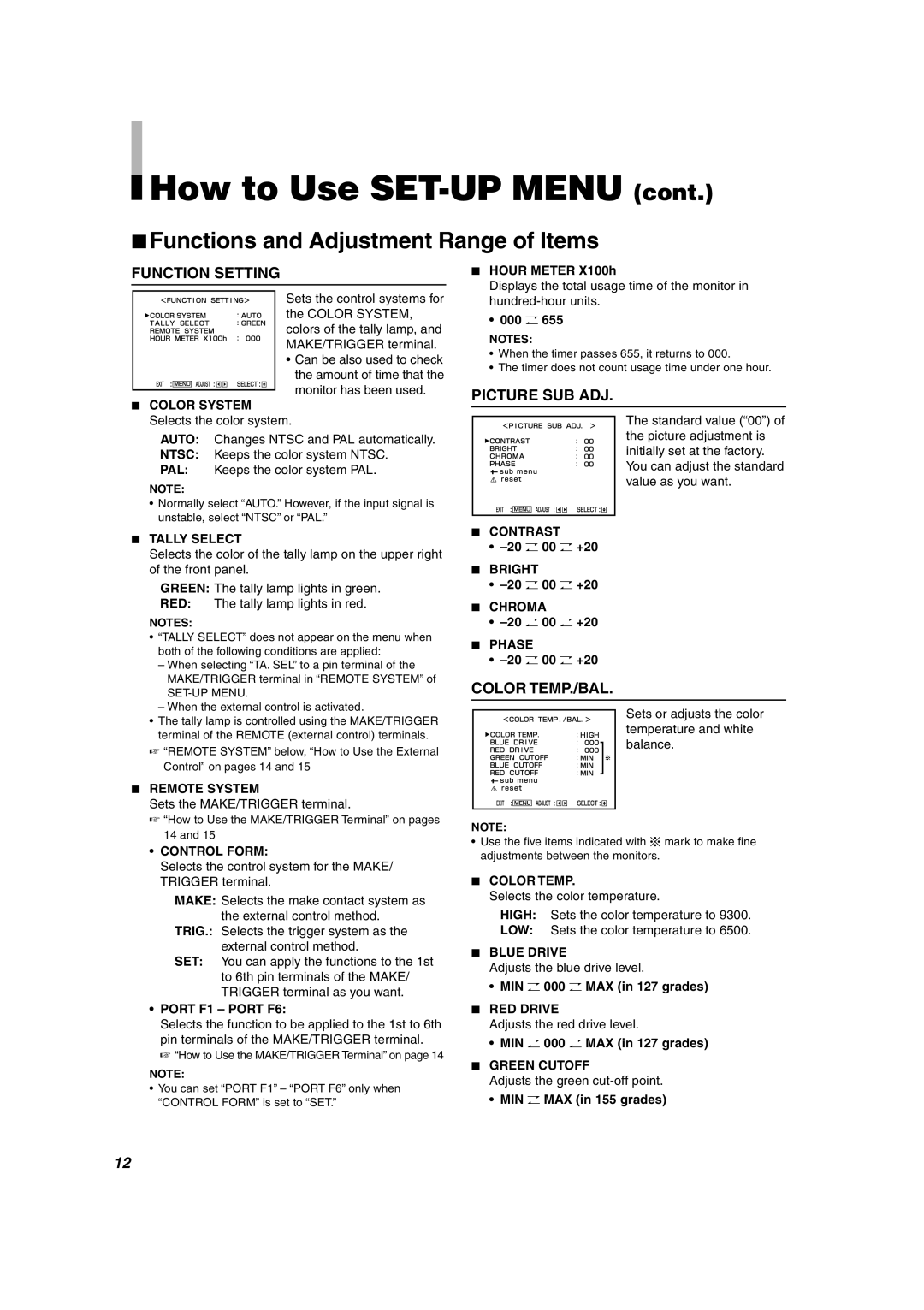 JVC TM-1011G manual Color System Selects the color system, Hour Meter X100h, 000 O, Port F1 Port F6, 20 O 00 O +20 