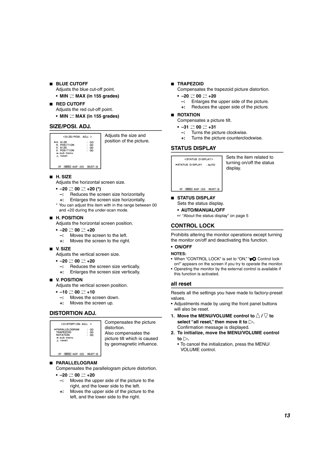 JVC TM-1011G manual 10 O 00 O +10, 31 O 00 O +31, Status Display Sets the status display 