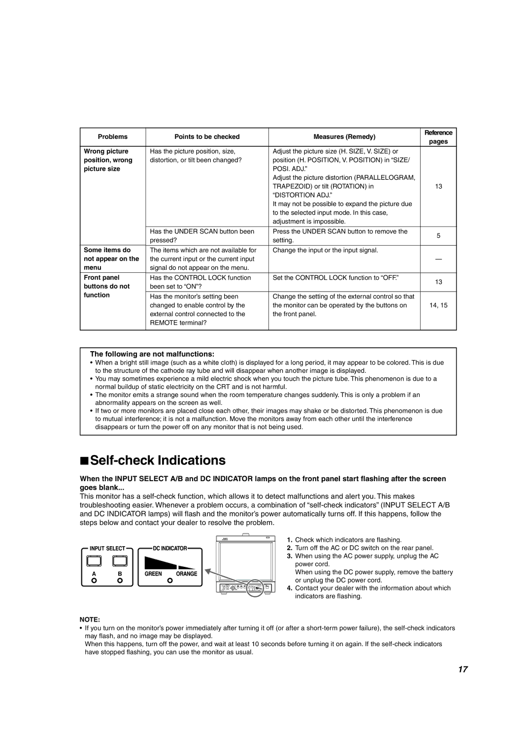 JVC TM-1011G manual Self-check Indications, Following are not malfunctions 