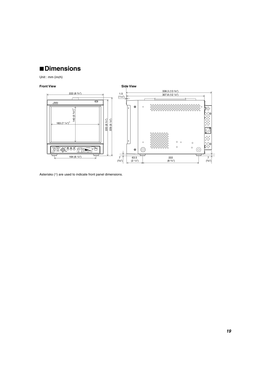 JVC TM-1011G manual Dimensions, Front View Side View 