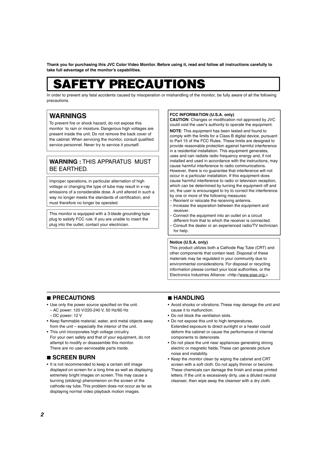 JVC TM-1011G manual Safety Precautions, FCC Information U.S.A. only 