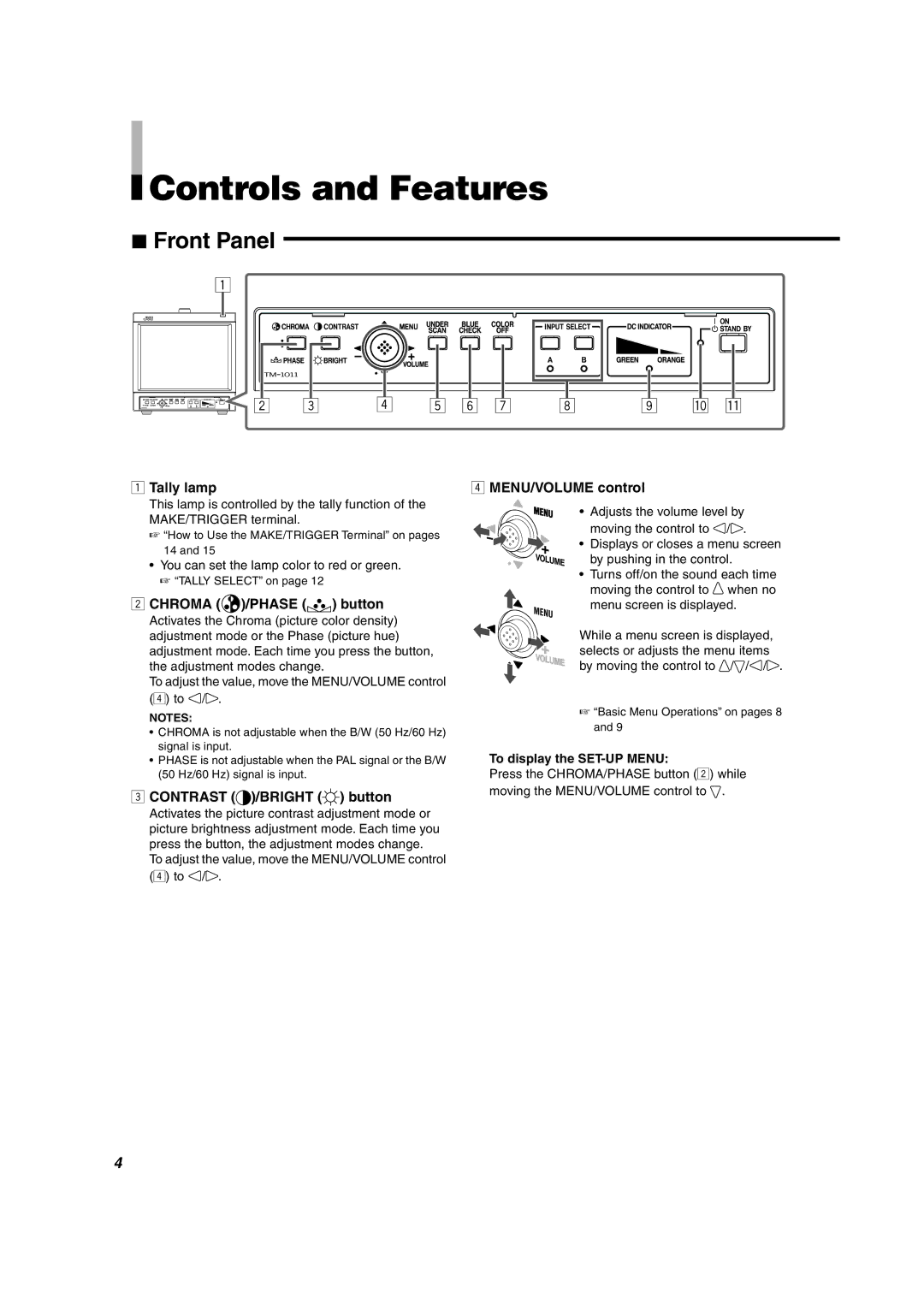 JVC TM-1011G manual Controls and Features, Front Panel 