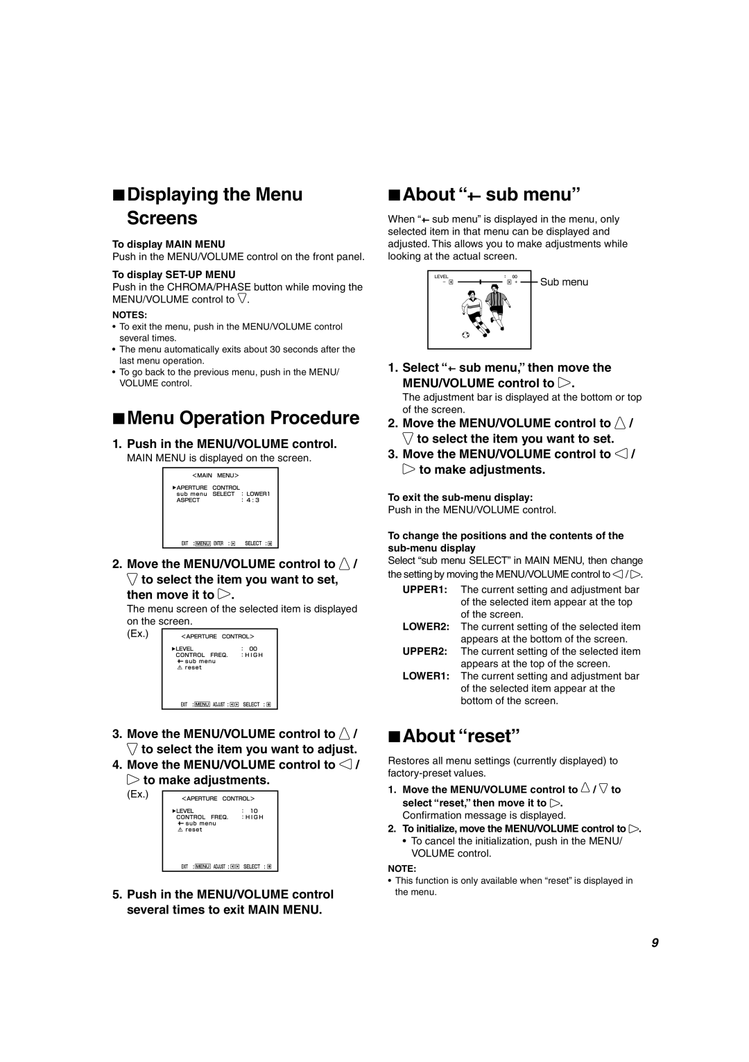 JVC TM-1011G manual Displaying the Menu Screens, Menu Operation Procedure, About sub menu, About reset 