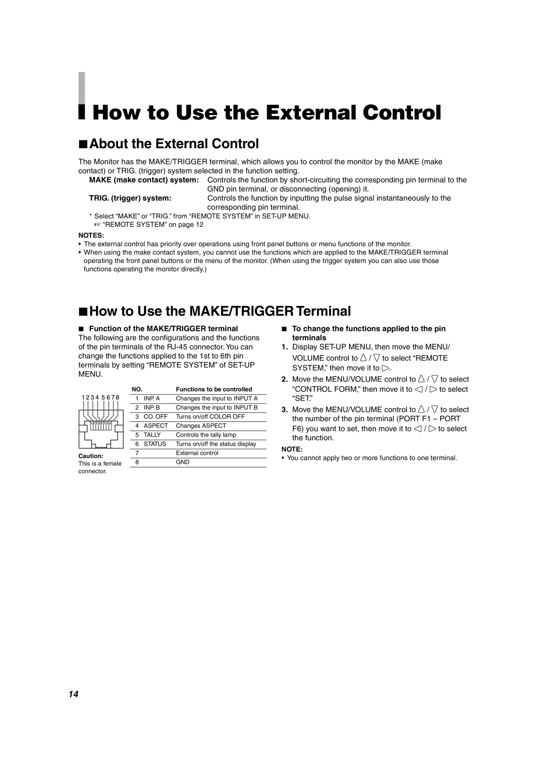 JVC TM-1011G manual How to Use the External Control, About the External Control, How to Use the MAKE/TRIGGER Terminal 