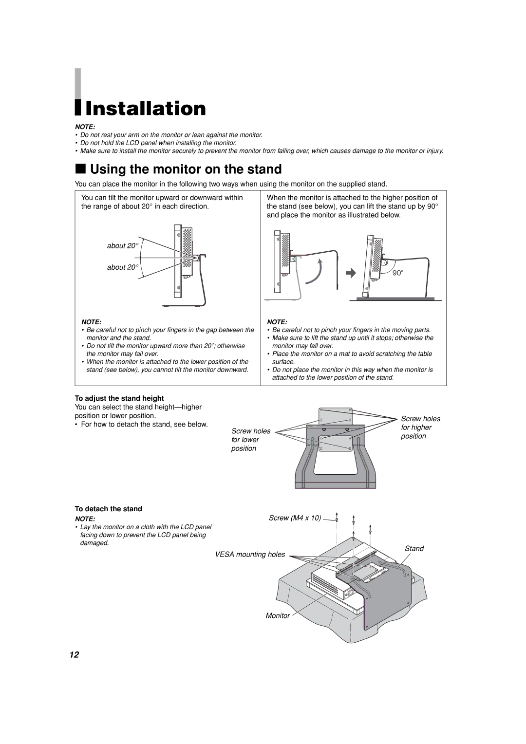 JVC TM-15L1D manual Installation, Using the monitor on the stand, To adjust the stand height, To detach the stand 