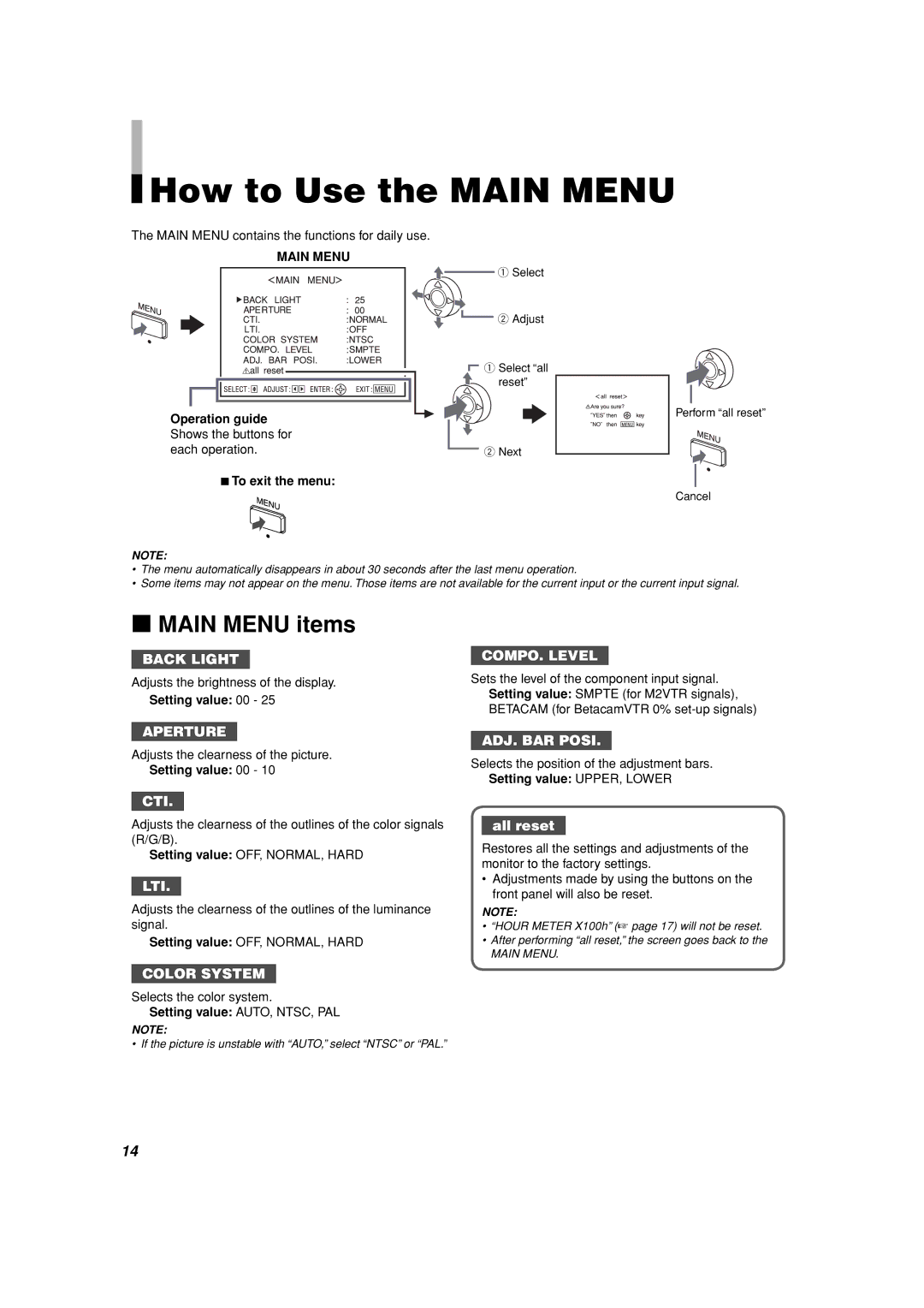 JVC TM-15L1D manual How to Use the Main Menu, Main Menu items, Setting value 00, Setting value AUTO, NTSC, PAL 