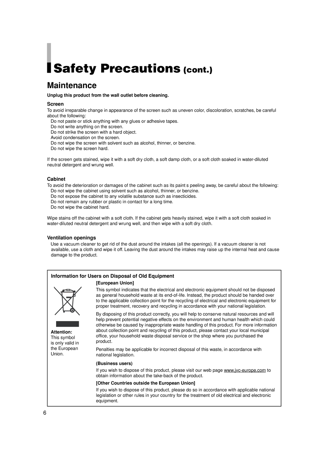 JVC TM-15L1D manual Maintenance, Screen, Cabinet, Ventilation openings, Information for Users on Disposal of Old Equipment 