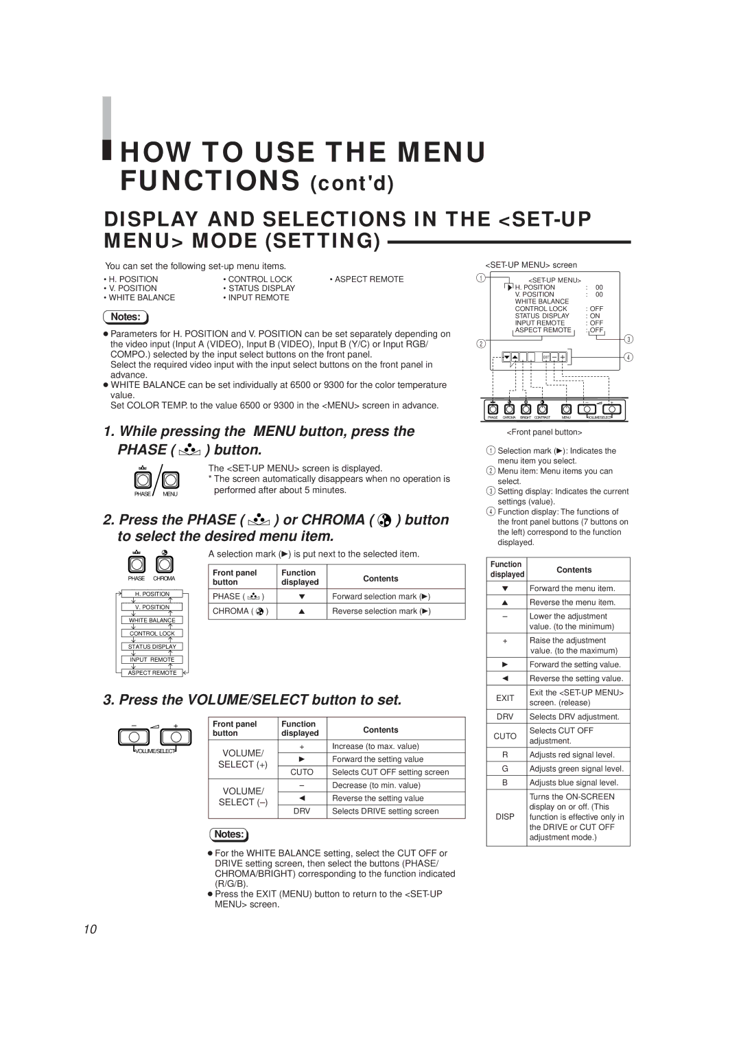 JVC TM-1650SU Display and Selections in the SET-UP Menu Mode Setting, While pressing the Menu button, press Phase button 