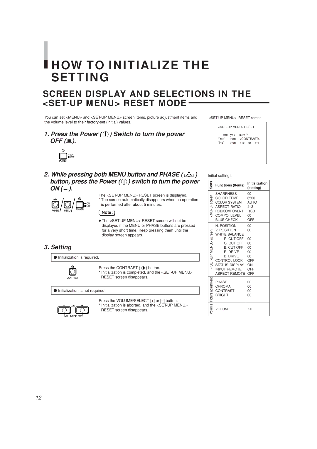 JVC TM-1650SU manual HOW to Initialize the Setting, Screen Display and Selections in the SET-UP Menu Reset Mode 