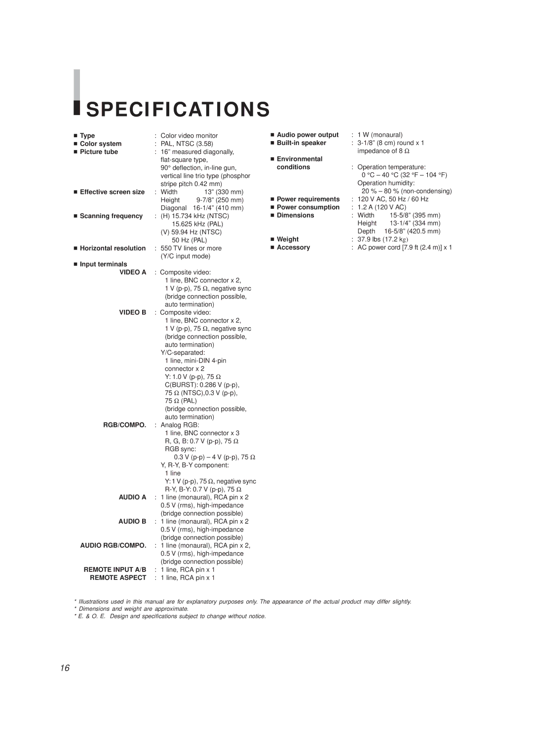 JVC TM-1650SU manual Specifications 