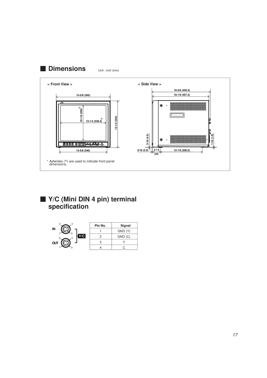 JVC TM-1650SU manual Dimensions, Pin No Signal 