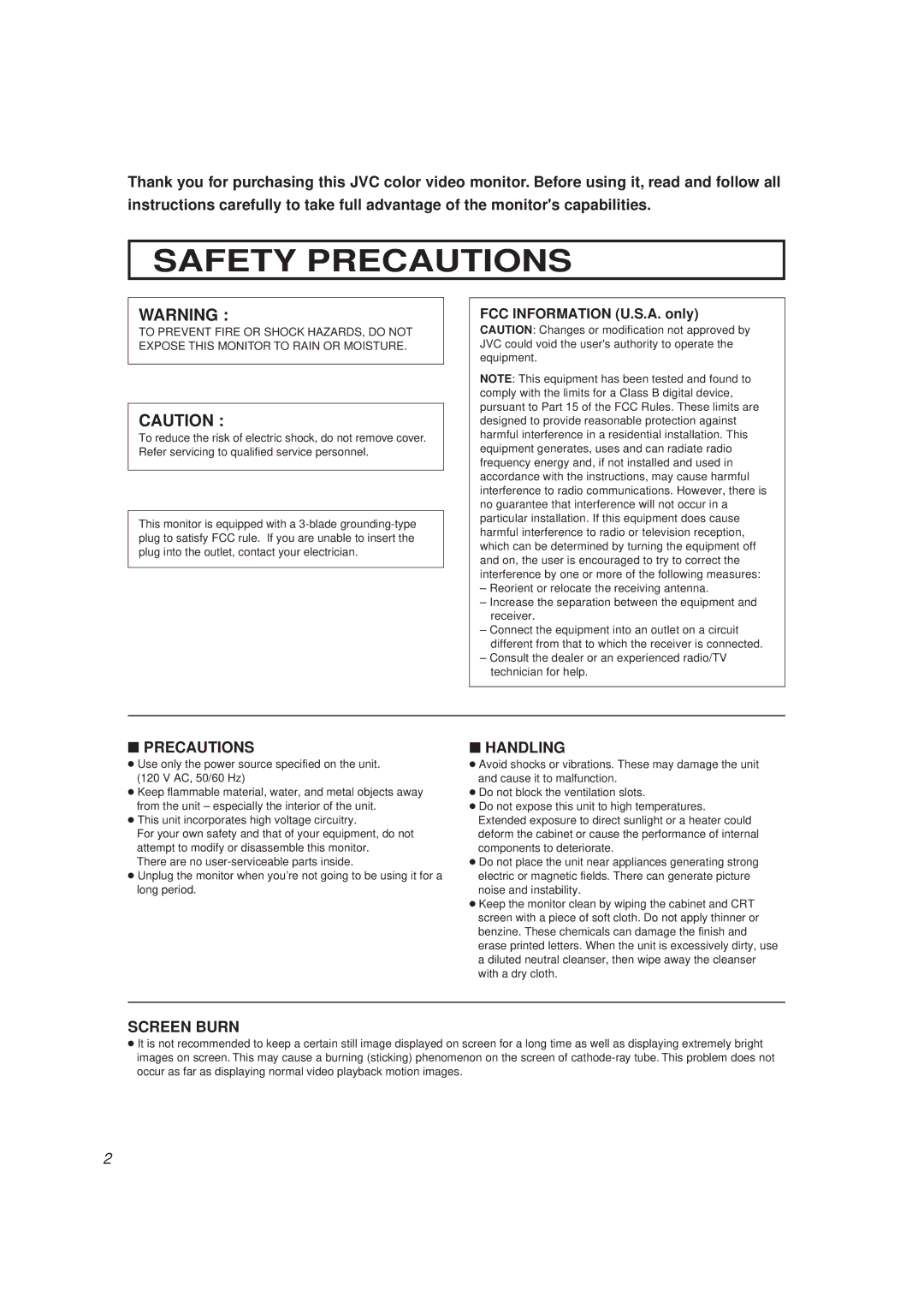 JVC TM-1650SU manual Safety Precautions, FCC Information U.S.A. only 