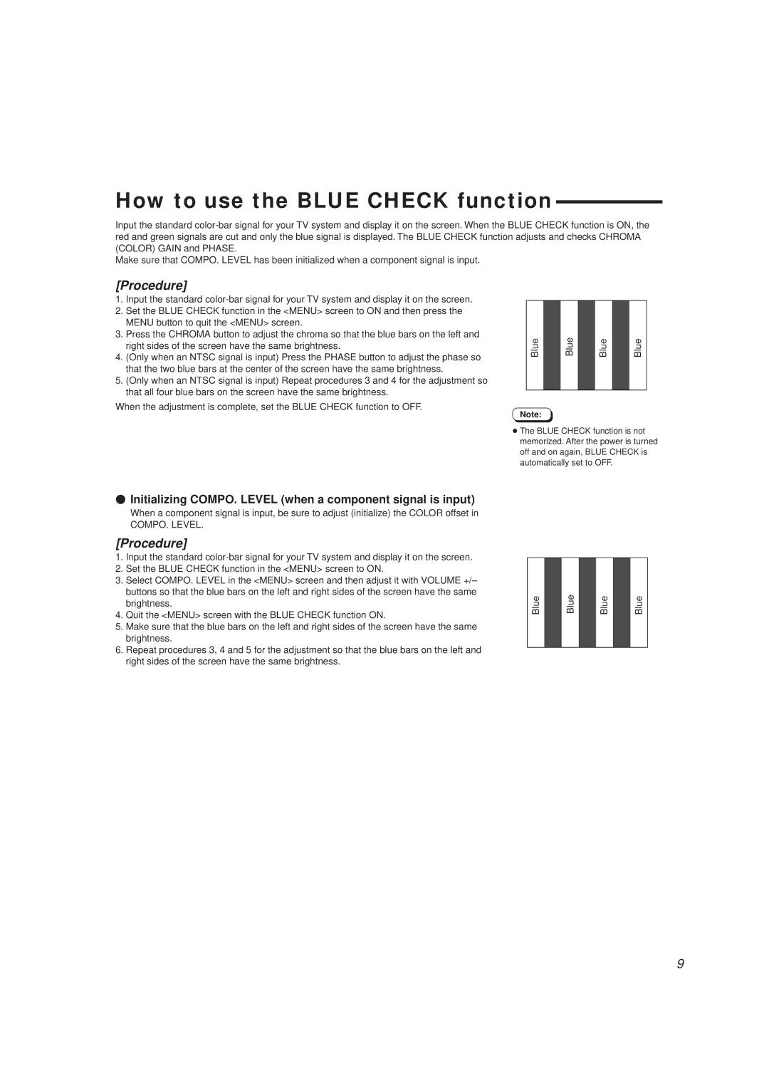 JVC TM-1650SU manual How to use the Blue Check function, Initializing COMPO. Level when a component signal is input 