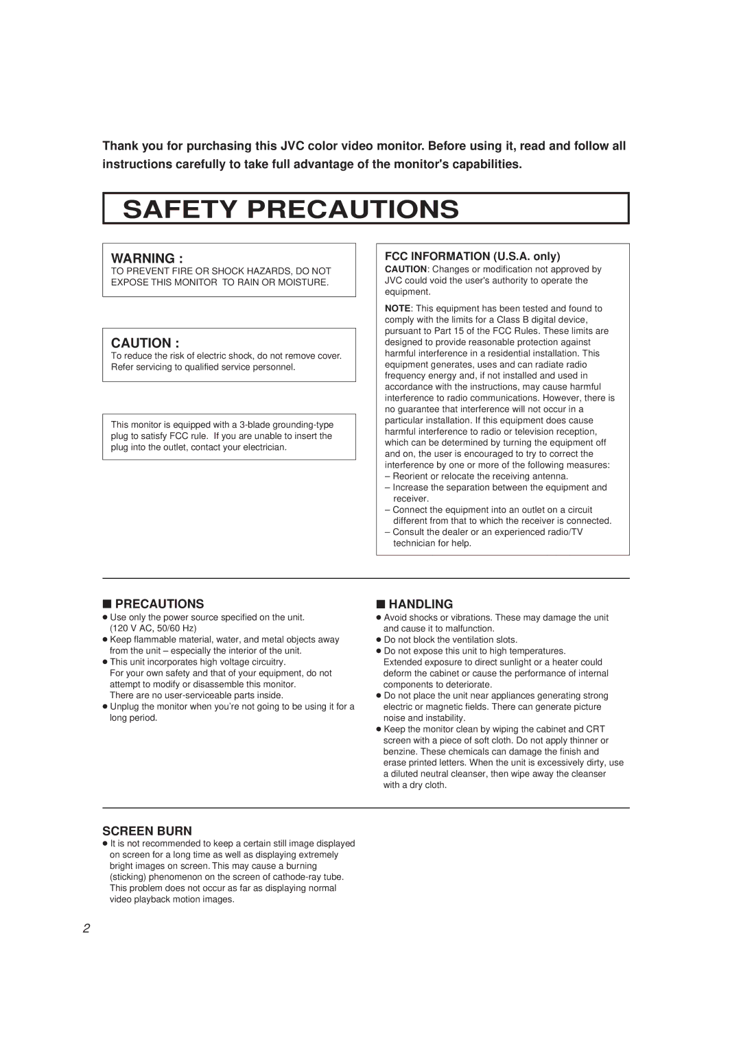 JVC TM-2000SU, TM-1600SU manual Safety Precautions, FCC Information U.S.A. only 