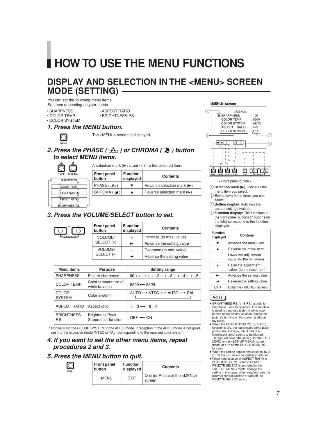 JVC TM-1600SU, TM-2000SU manual HOW to USE the Menu Functions, Display and Selection in the Menu Screen Mode Setting 