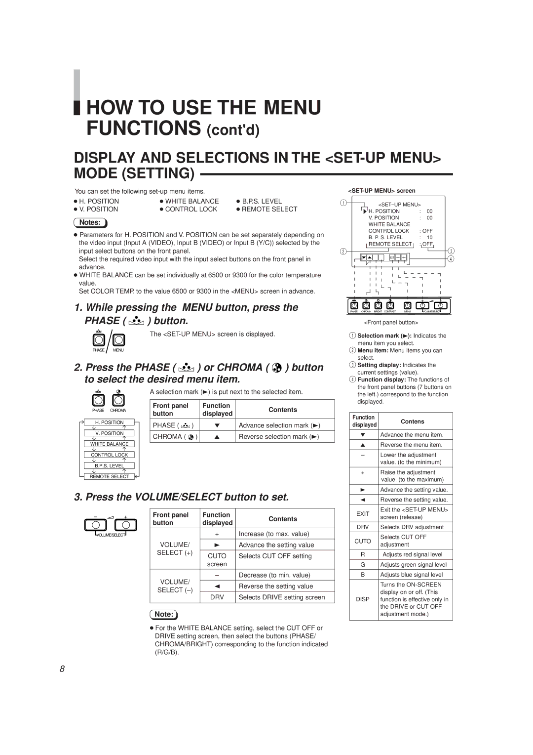 JVC TM-2000SU, TM-1600SU manual HOW to USE the Menu, Display and Selections in the SET-UP Menu Mode Setting 