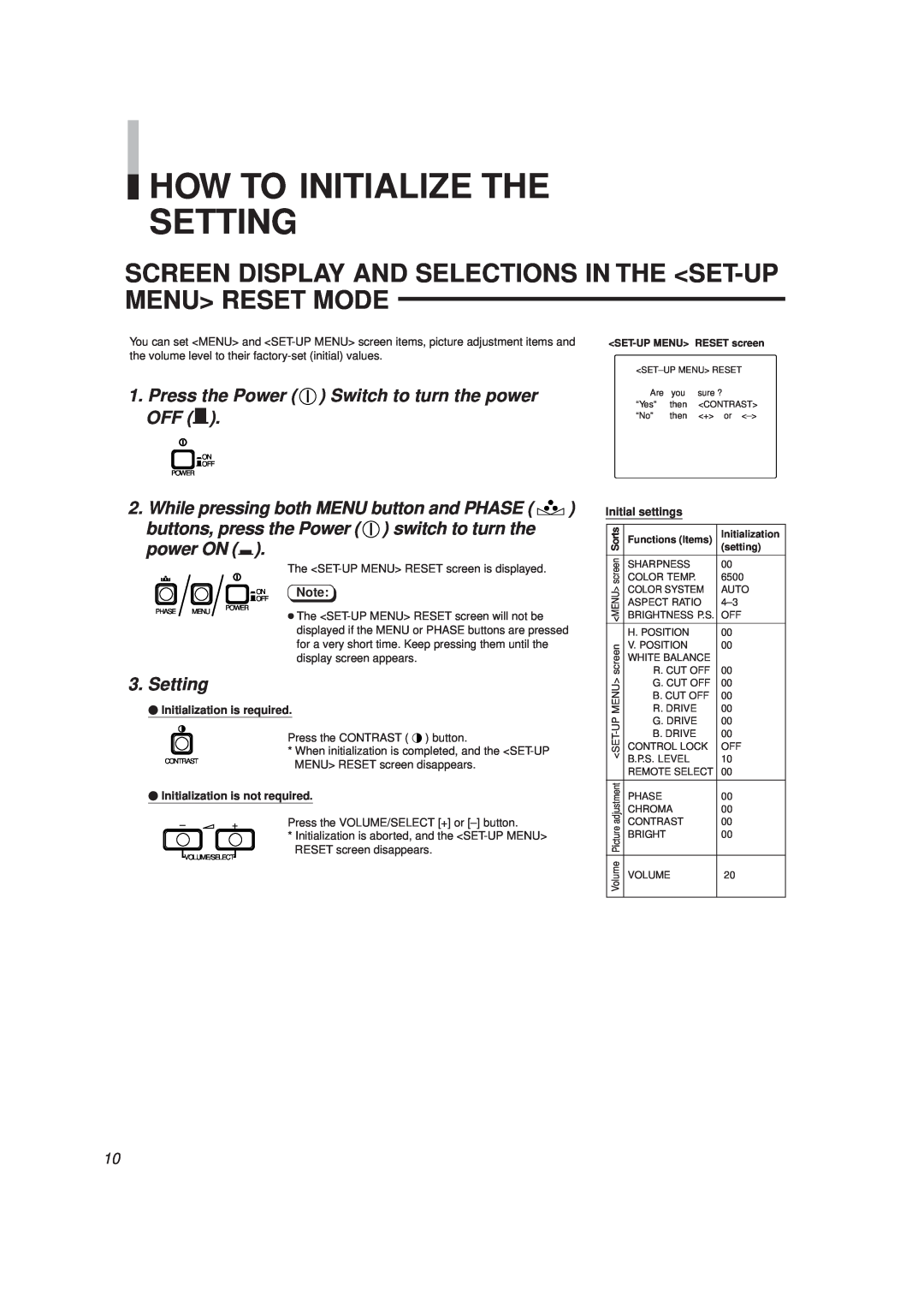JVC TM-2000SU manual How To Initialize The Setting, Screen Display And Selections In The Set-Up Menu Reset Mode, power ON 