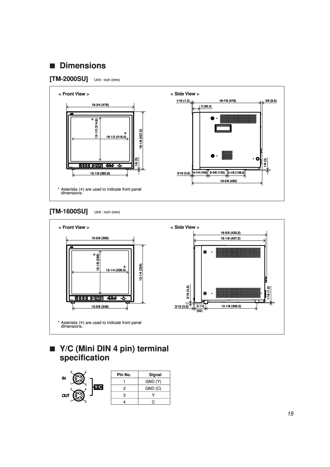 JVC TM-1600SU, TM-2000SU manual Dimensions, 7 Y/C Mini DIN 4 pin terminal specification, Unit inch mm 