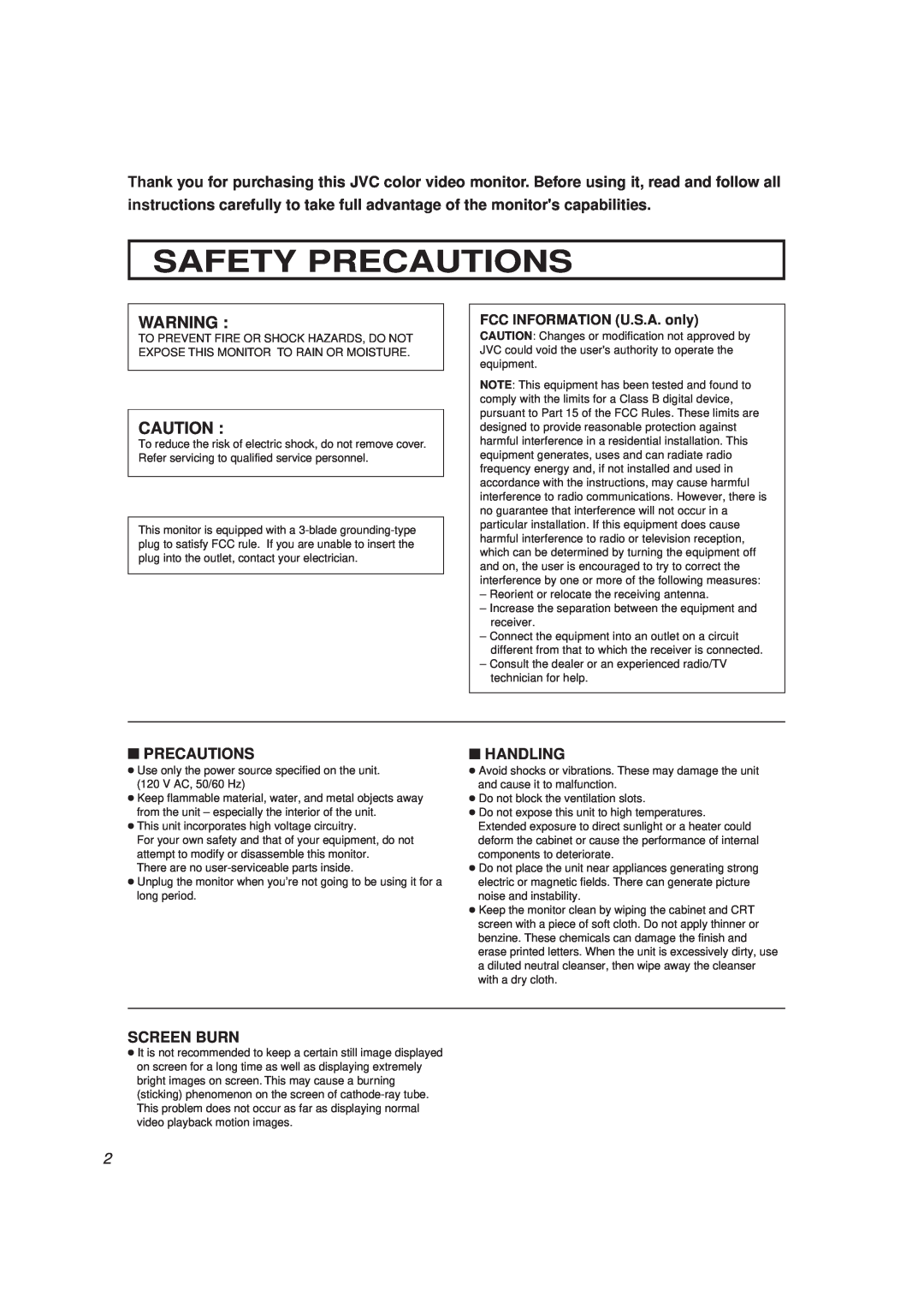 JVC TM-2000SU, TM-1600SU manual Safety Precautions, Handling, Screen Burn, FCC INFORMATION U.S.A. only 