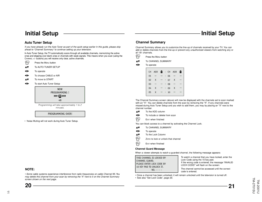 JVC TM-2001U operating instructions Initial Setup, Auto Tuner Setup 