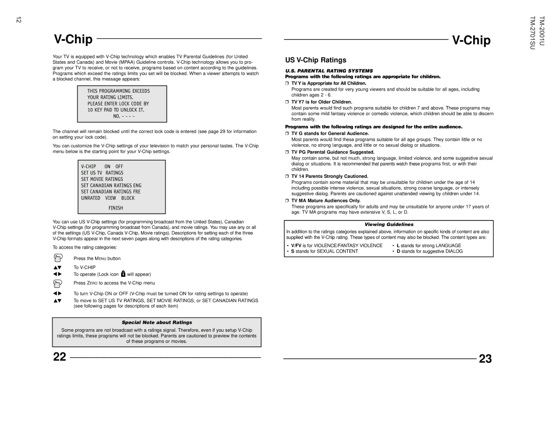 JVC TM-2001U operating instructions US V-Chip Ratings 