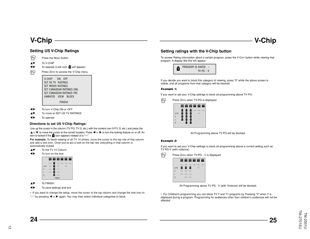 JVC TM-2001U Setting US V-Chip Ratings, Setting ratings with the V-Chip button, Program is Rated TV-PG 