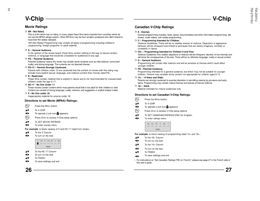 JVC TM-2001U operating instructions Movie Ratings, Canadian V-Chip Ratings 