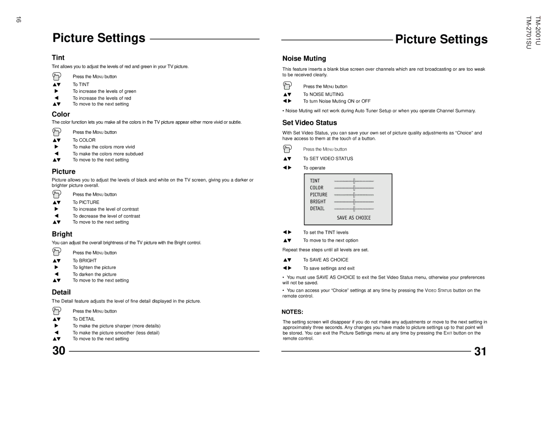 JVC TM-2001U operating instructions Picture Settings 