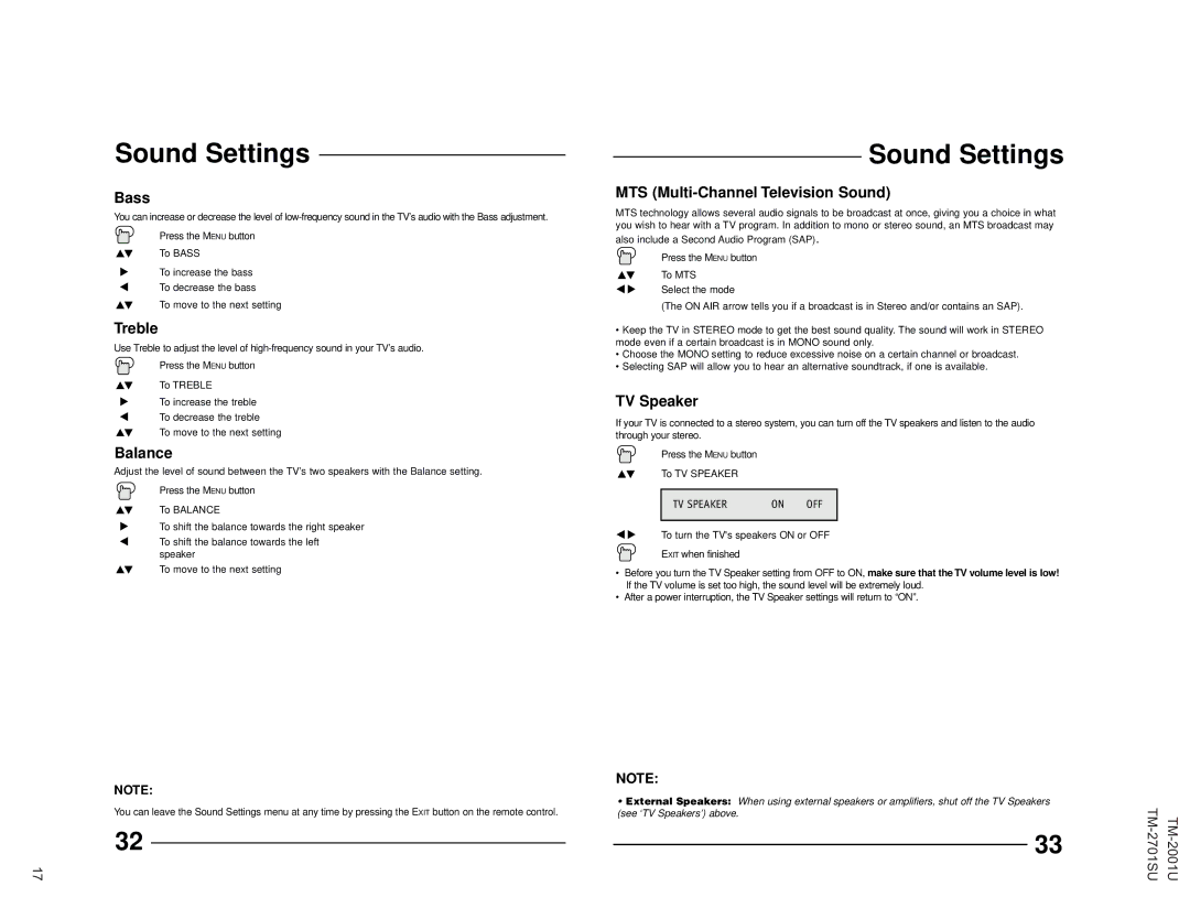 JVC TM-2001U operating instructions Sound Settings 