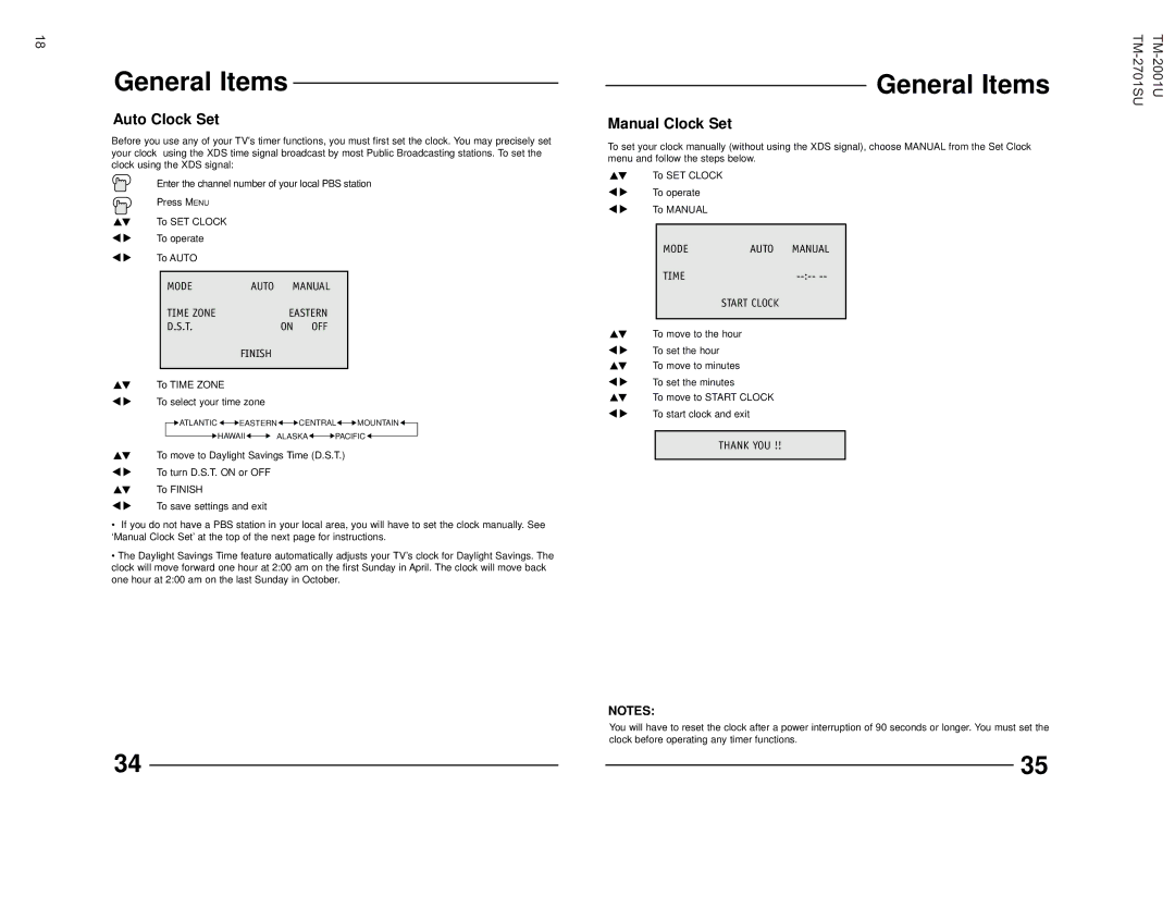 JVC TM-2001U operating instructions General Items, Auto Clock Set, Manual Clock Set 